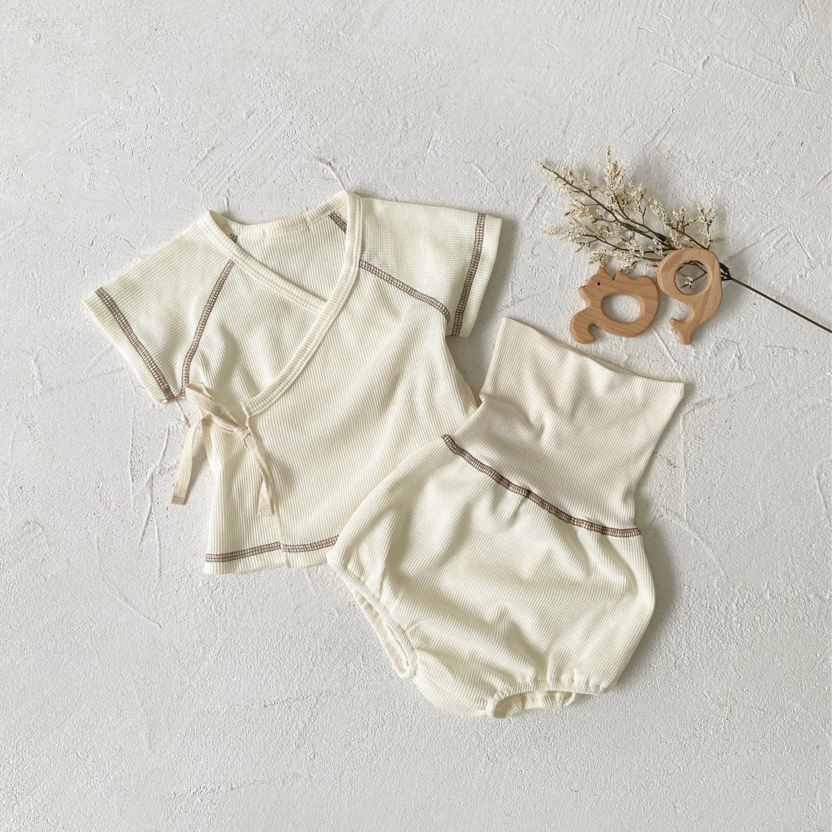 Baby Clothes Baby Waffle Top High Waist Belly Protection Pants Suit